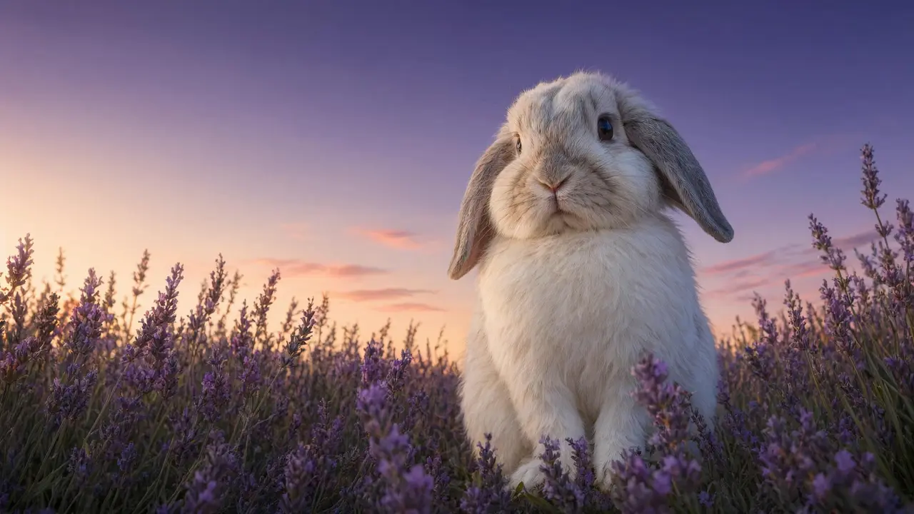 A white lop-eared rabbit sitting in a lavender field at dusk